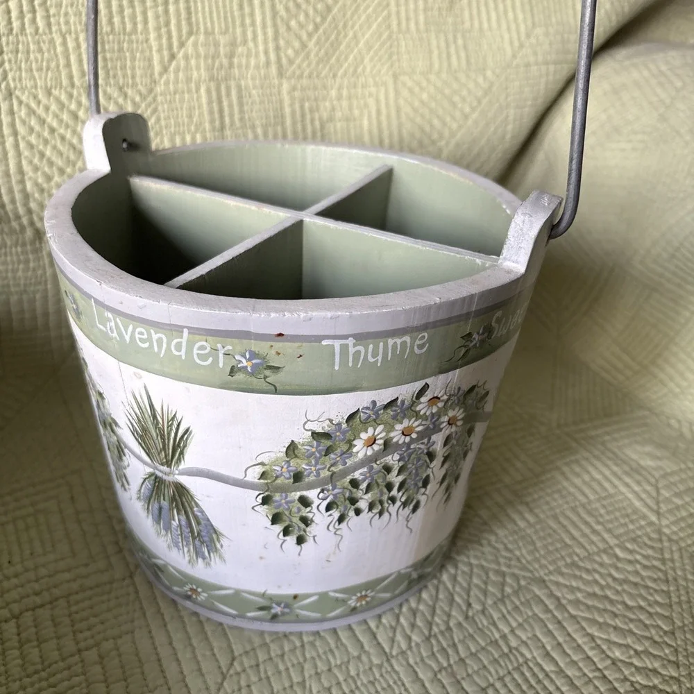 Wood Herb Kitchen Utensil Caddy Basket 4 Compartment Rosemary Dill Farmhouse Vtg